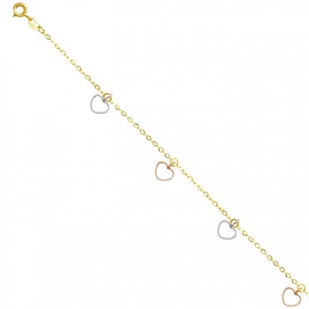 PULSERA EN ORO TRICOLOR CON CORAZONES