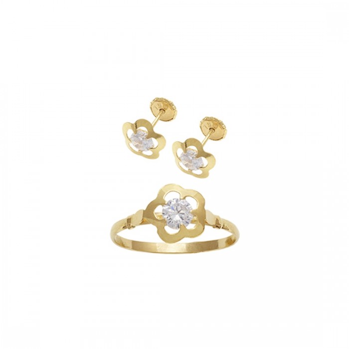 JUEGO DE ANILLO Y PENDIENTES COMUNION EN ORO 18 QT