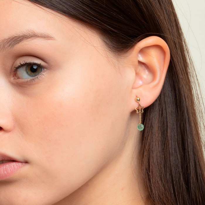PENDIENTES EN ORO CON DE ESTRELLA Y CIRCONITA VERDE