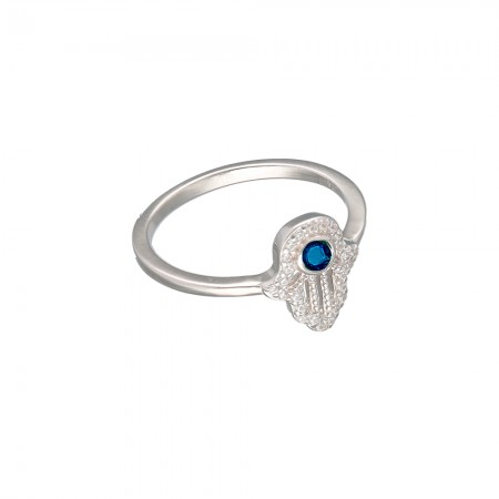 ANILLO EN PLATA CIRCONITAS Y CENTRO AZUL MANO FATIMA