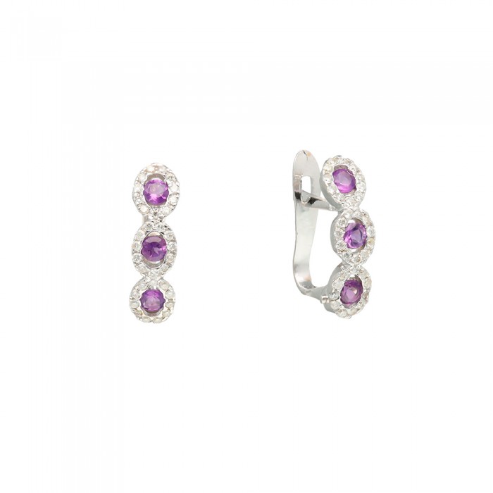PENDIENTES EN ORO BLANCO, DIAMANTES Y AMATISTA