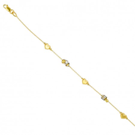 PULSERA EN ORO BICOLOR CORAZONES Y CÍRCULOS