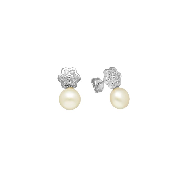 PENDIENTES EN ORO PERLA CON FLOR Y CIRCONITAS