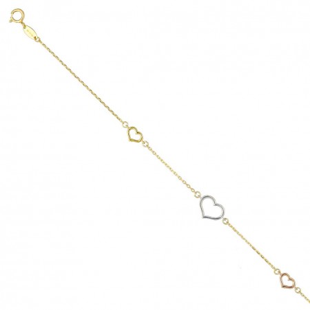 PULSERA EN ORO TRICOLOR CON CORAZONES