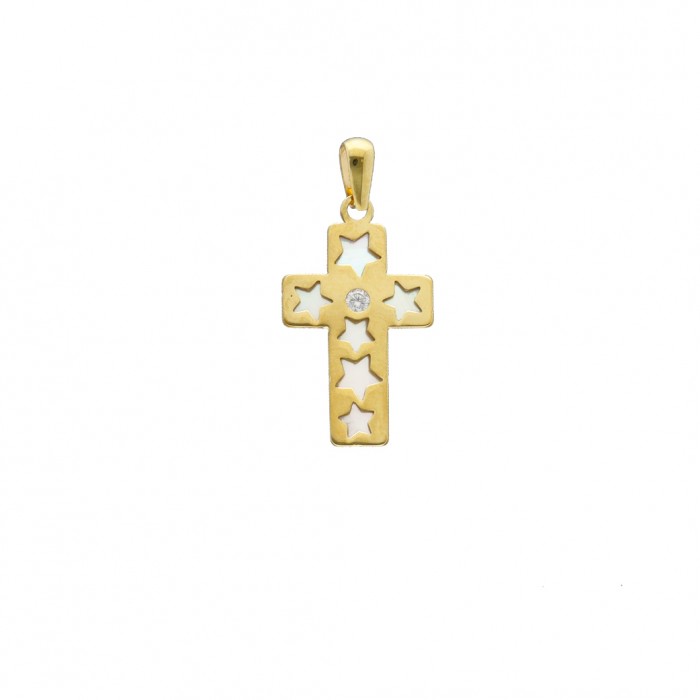 CRUZ EN ORO Y NÁCAR CON ESTRELLAS