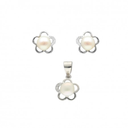 CONJUNTO FLOR CON PERLAS Y CIRCONITAS