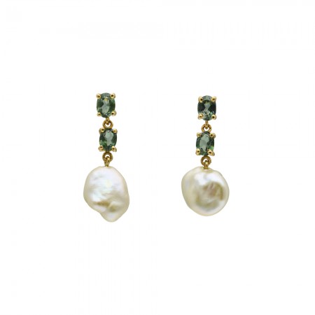 PENDIENTES LARGOS ORO PERLA BARROCA Y TOPACIO VERDE