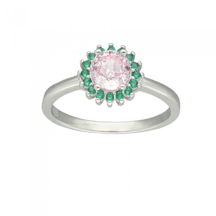 ANILLO EN PLATA PIEDRAS REDONDAS ROSA Y  VERDE.
