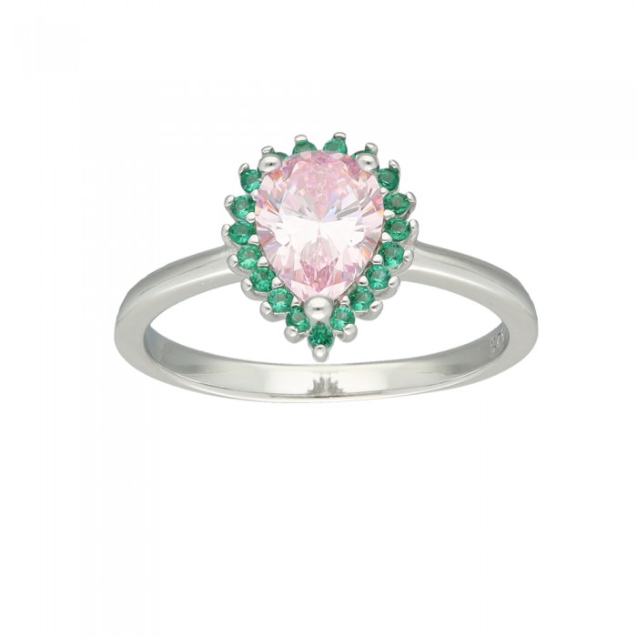 ANILLO EN PLATA FORMA GOTA CIRCONITAS ROSA Y VERDE.
