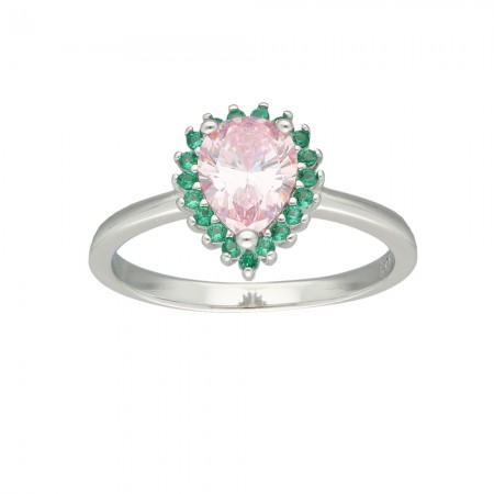 ANILLO EN PLATA FORMA GOTA CIRCONITAS ROSA Y VERDE.