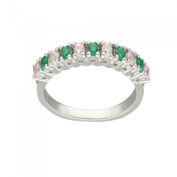 ANILLO EN PLATA PIEDRAS CUADRADAS ROSA Y VERDE.