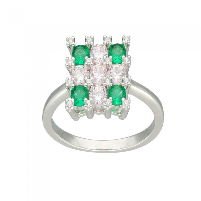 ANILLO EN PLATA FORMA CUADRADO CON PIEDRAS EN VERDE Y ROSA.