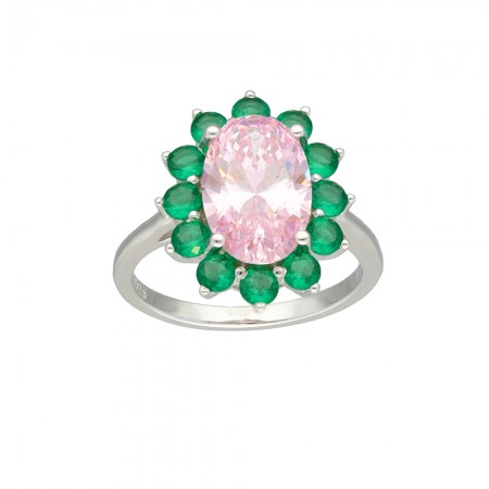 ANILLO EN PLATA FORMA OVALADA CON PIEDRAS VERDE Y ROSA.