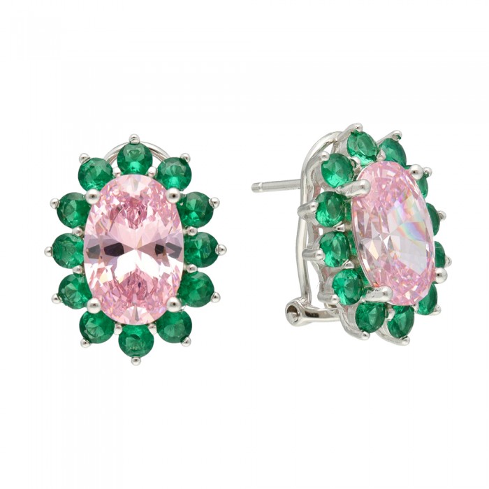 PENDIENTES PLATA OVAL CON CIRCONITA ROSA Y VERDES.