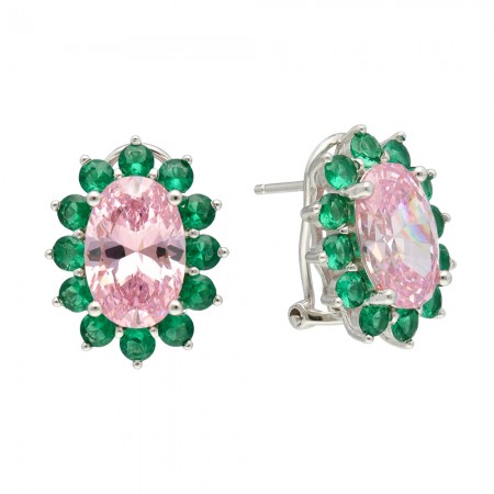 PENDIENTES PLATA OVAL CON CIRCONITA ROSA Y VERDES.