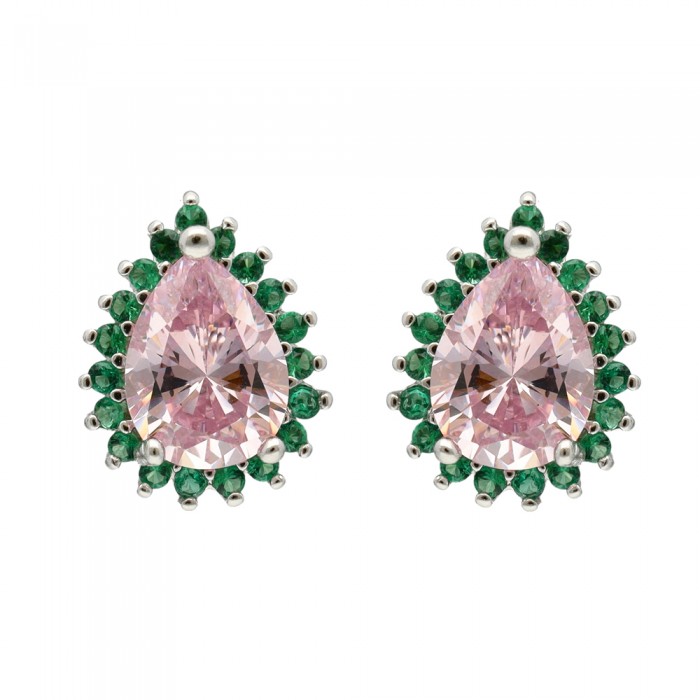 PENDIENTES PLATA GOTA CON CIRCONITAS ROSA Y VERDE.