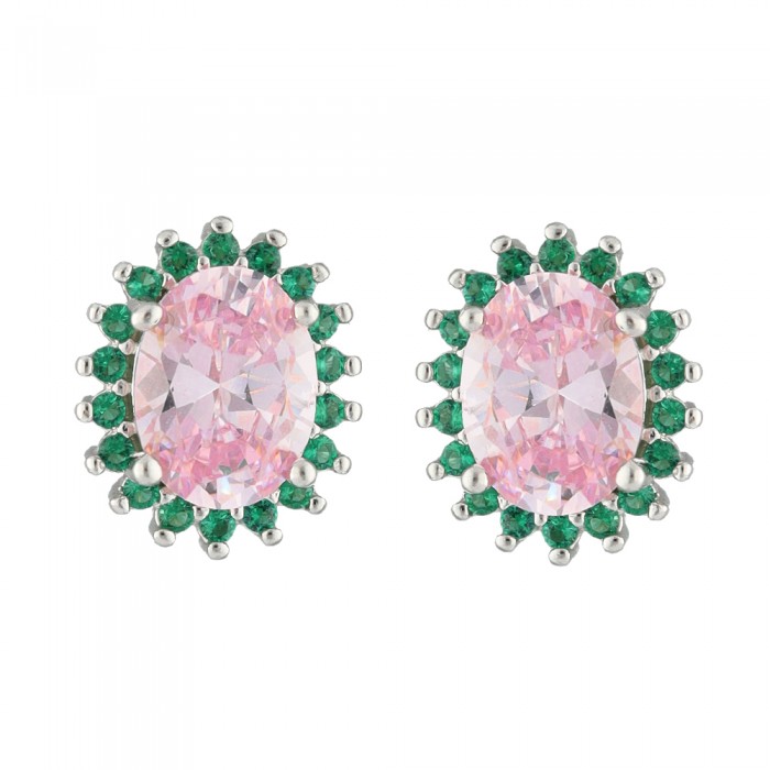 PENDIENTES EN PLATA OVALADOS CON CIRCONITAS ROSA Y VERDES.