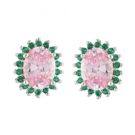 PENDIENTES EN PLATA OVALADOS CON CIRCONITAS ROSA Y VERDES.