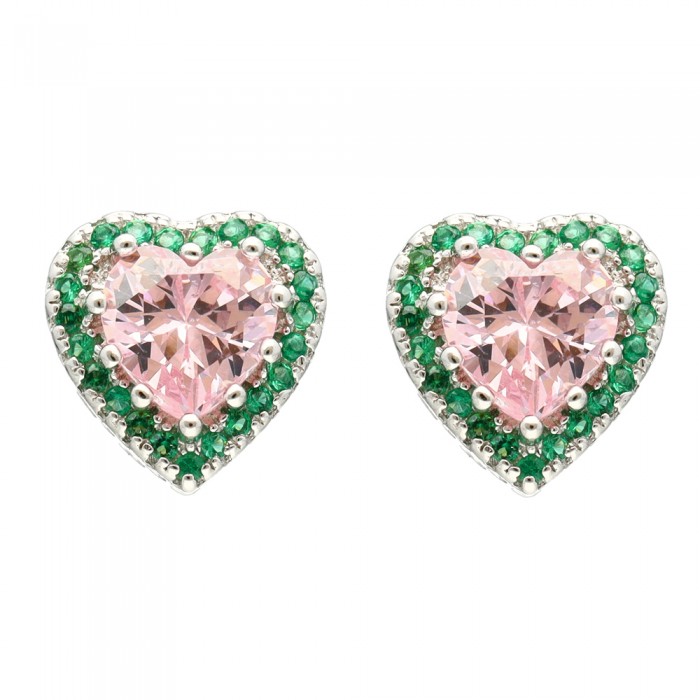 PENDIENTES PLATA CORAZÓN CON CIRCONITAS ROSA Y VERDE.