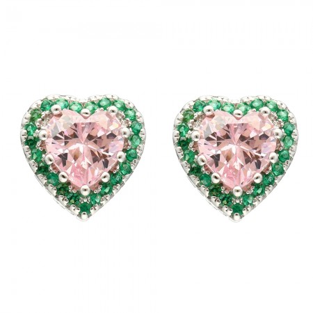 PENDIENTES PLATA CORAZÓN CON CIRCONITAS ROSA Y VERDE.