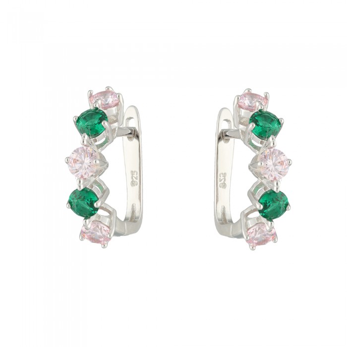 PENDIENTES PLATA CON CIRCONITAS CUADRADAS VERDES Y ROSAS.