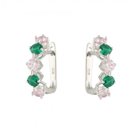 PENDIENTES PLATA CON CIRCONITAS CUADRADAS VERDES Y ROSAS.