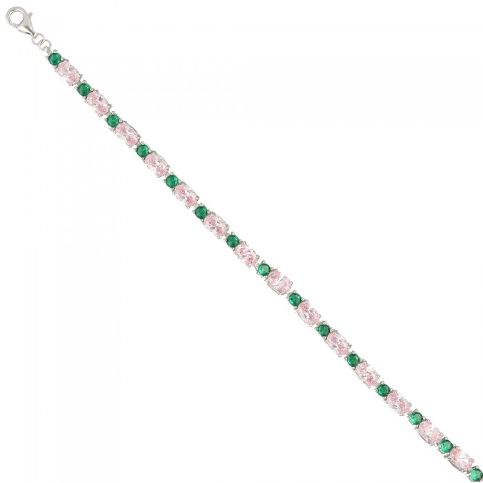 PULSERA PLATA 1ª LEY CON CIRCONITAS OVAL EN VERDE Y ROSA.