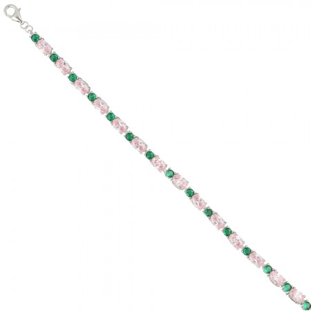 PULSERA PLATA 1ª LEY CON CIRCONITAS OVAL EN VERDE Y ROSA.