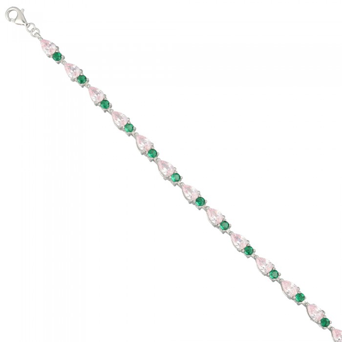 PULSERA EN PLATA 1ª LEY FORMA GOTA CON CIRCONITAS VERDE Y ROSA.