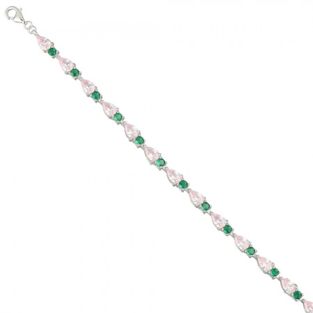 PULSERA EN PLATA 1ª LEY FORMA GOTA CON CIRCONITAS VERDE Y ROSA.