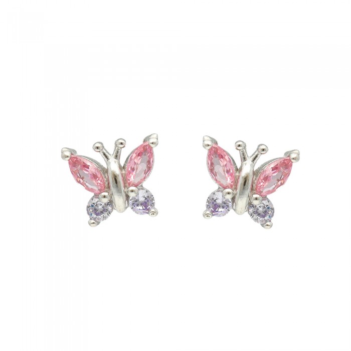 PENDIENTES EN PLATA MARIPOSAS CON CIRCONITAS ROSA Y MALVA INFANTIL.