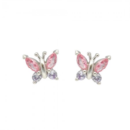 PENDIENTES EN PLATA MARIPOSAS CON CIRCONITAS ROSA Y MALVA INFANTIL.