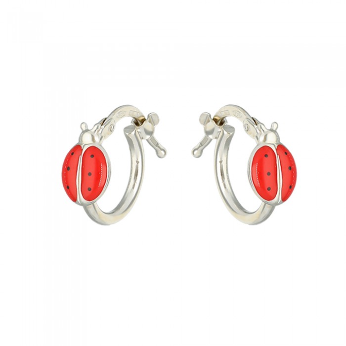 PENDIENTES EN PLATA ARO MARIQUITA ROJA INFANTIL.
