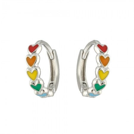 PENDIENTES EN PLATA ARO CON CORAZONES DE COLORES INFANTIL.