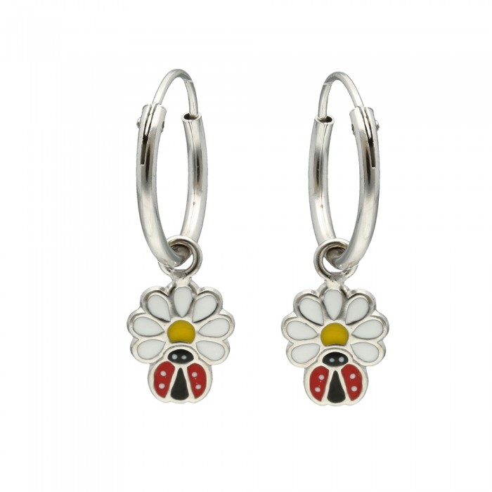 PENDIENTES EN PLATA ARO CON MARGARITA Y MARIQUITA INFANTIL.