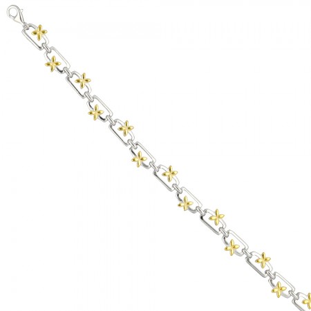 PULSERA EN PLATA BICOLOR RECTÁNGULOS FLORES.