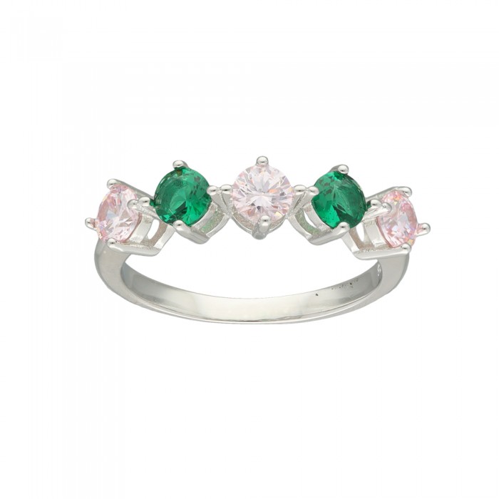 ANILLO EN PLATA CON CIRCONITAS CUADRADAS EN VERDE Y ROSA.