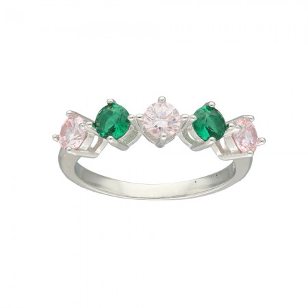ANILLO EN PLATA CON CIRCONITAS CUADRADAS EN VERDE Y ROSA.