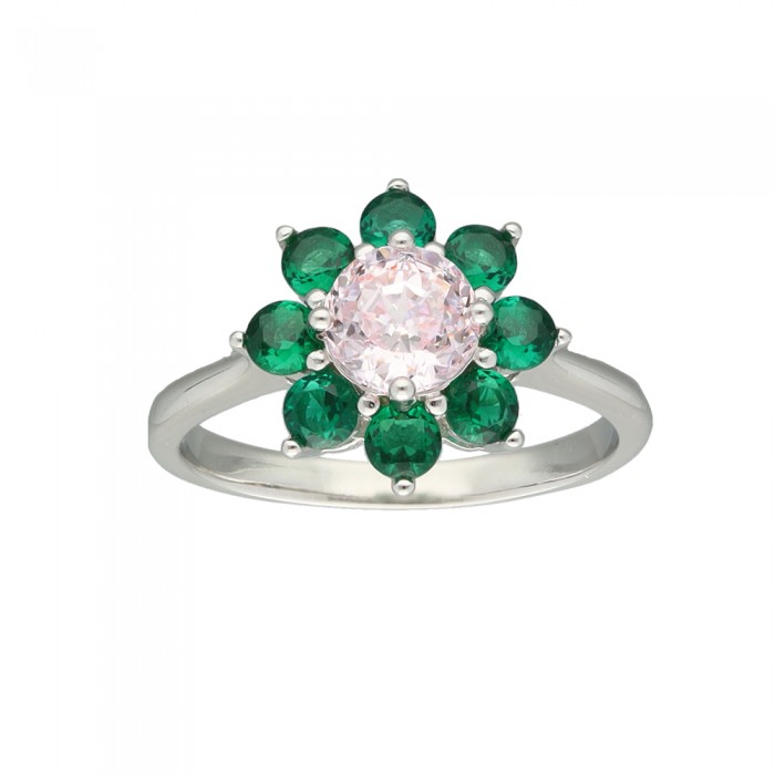 ANILLO EN PLATA FLOR CON PIEDRAS EN ROSA Y VERDE.