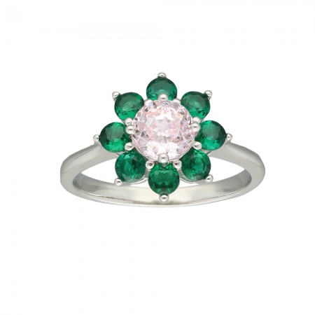 ANILLO EN PLATA FLOR CON PIEDRAS EN ROSA Y VERDE.