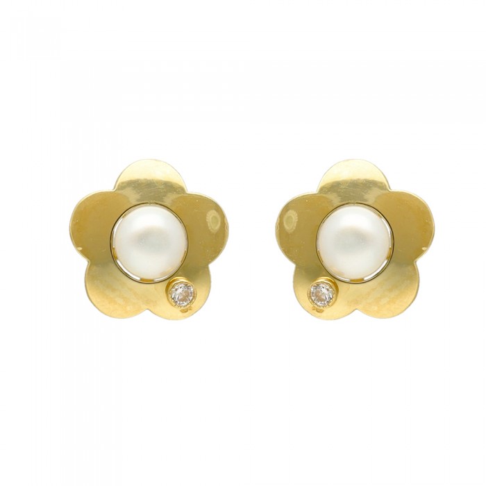 PENDIENTES EN ORO FLOR CON PERLA Y CIRCONITA INFANTIL