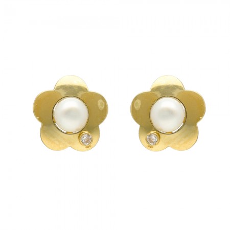 PENDIENTES EN ORO FLOR CON PERLA Y CIRCONITA INFANTIL