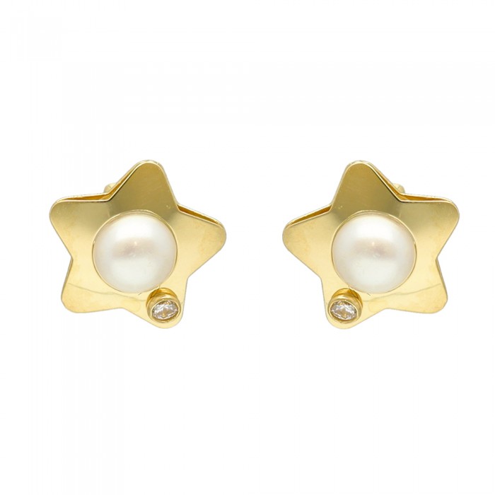 PENDIENTES EN ORO ESTRELLA CON PERLA Y CIRCONITA INFANTIL