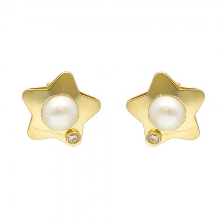 PENDIENTES EN ORO ESTRELLA CON PERLA Y CIRCONITA INFANTIL