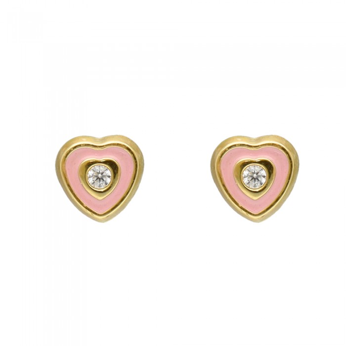 PENDIENTES EN ORO CORAZÓN ROSA Y CIRCONITA INFANTIL