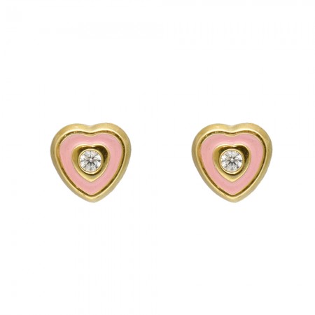 PENDIENTES EN ORO CORAZÓN ROSA Y CIRCONITA INFANTIL