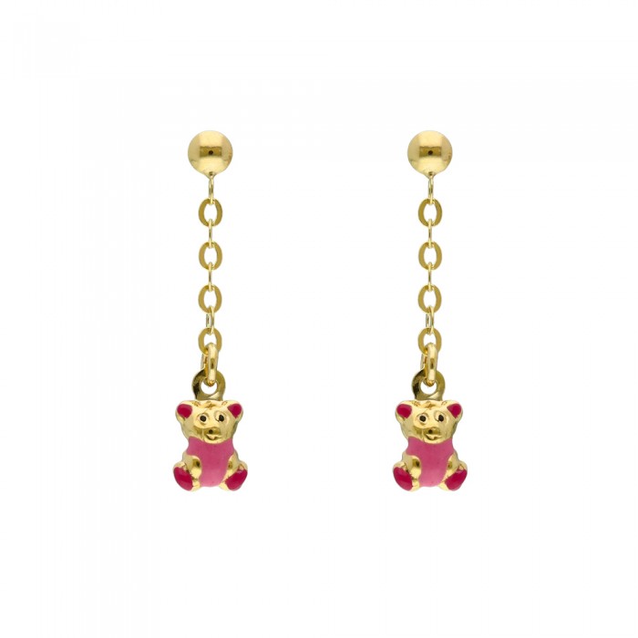 PENDIENTES EN ORO LARGOS OSO ROSA INFANTIL