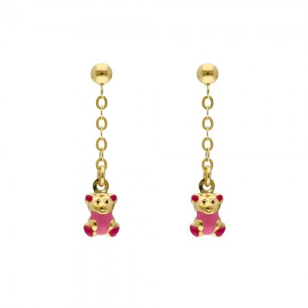 PENDIENTES EN ORO LARGOS OSO ROSA INFANTIL