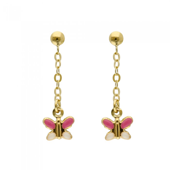 PENDIENTES EN ORO LARGOS MARIPOSA ROSA/BLANCA INFANTIL