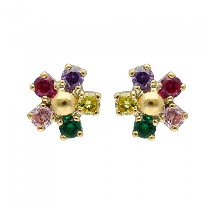 PENDIENTES EN ORO FLOR CON BOLITA Y CIRCONITAS INFANTIL